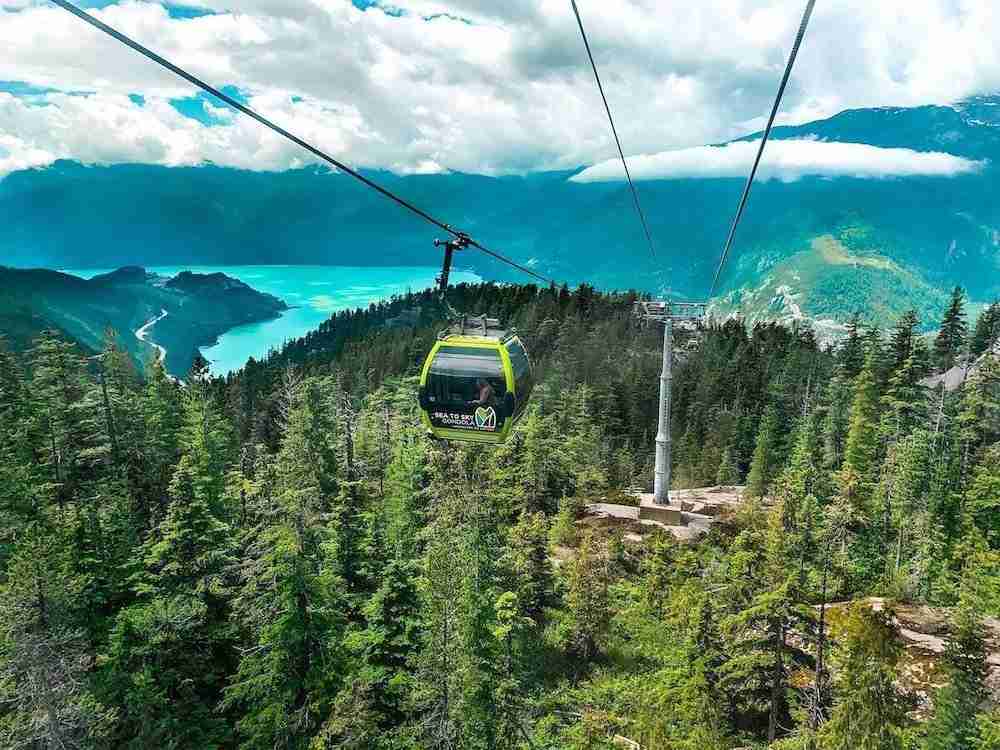 Sea To Sky gondola going up cables in Squamish, BC with beautiful views of fjord and mountains in background