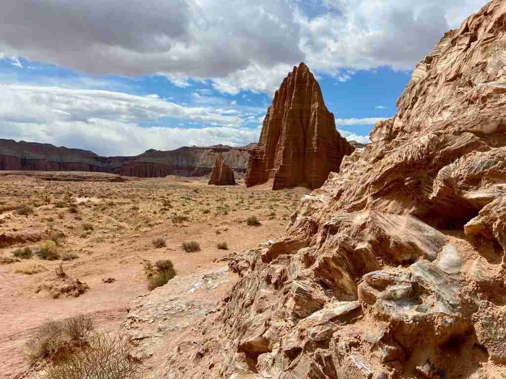View of Temple of the Sun monolith in Cathedral Valley in Capitol Reef National Park