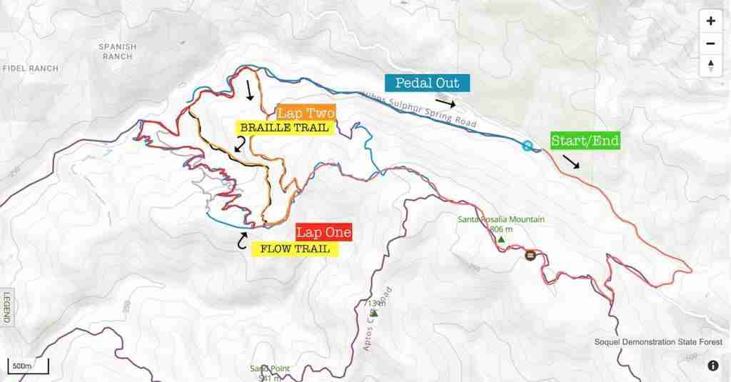 Screenshot of map showing mountain bike route in Soquel Demonstration Forest in California