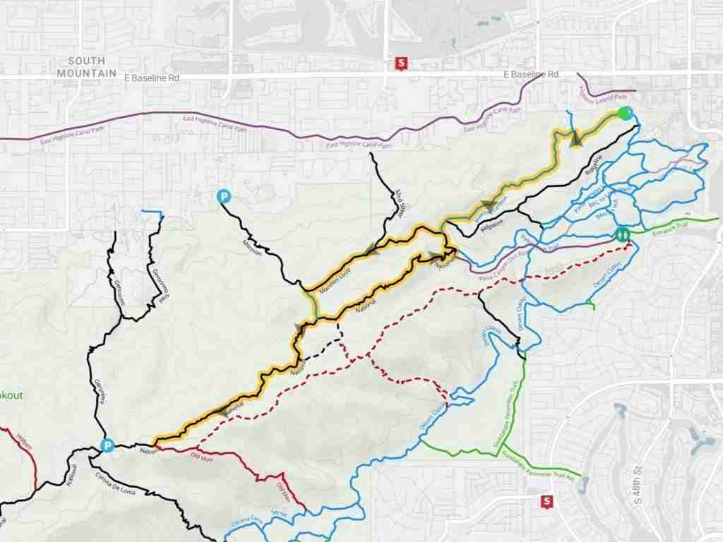 Map of the National Trail mountain bike trail on South Mountain in Phoenix, Arizona