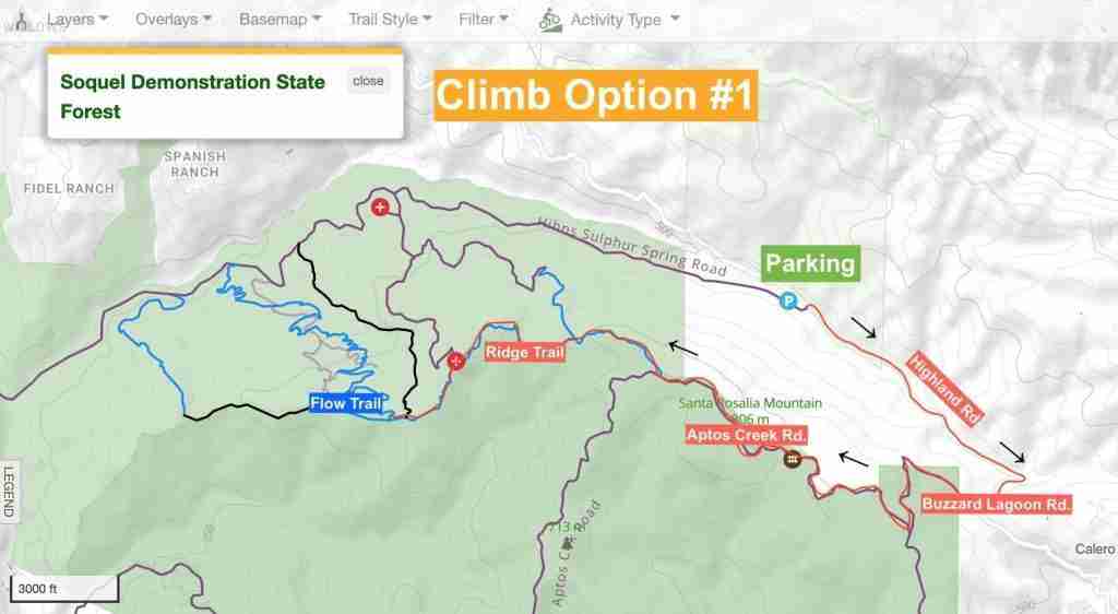 Mountain biking map of Soquel Demonstration Forest with options on how to climb to the top of the flow trail