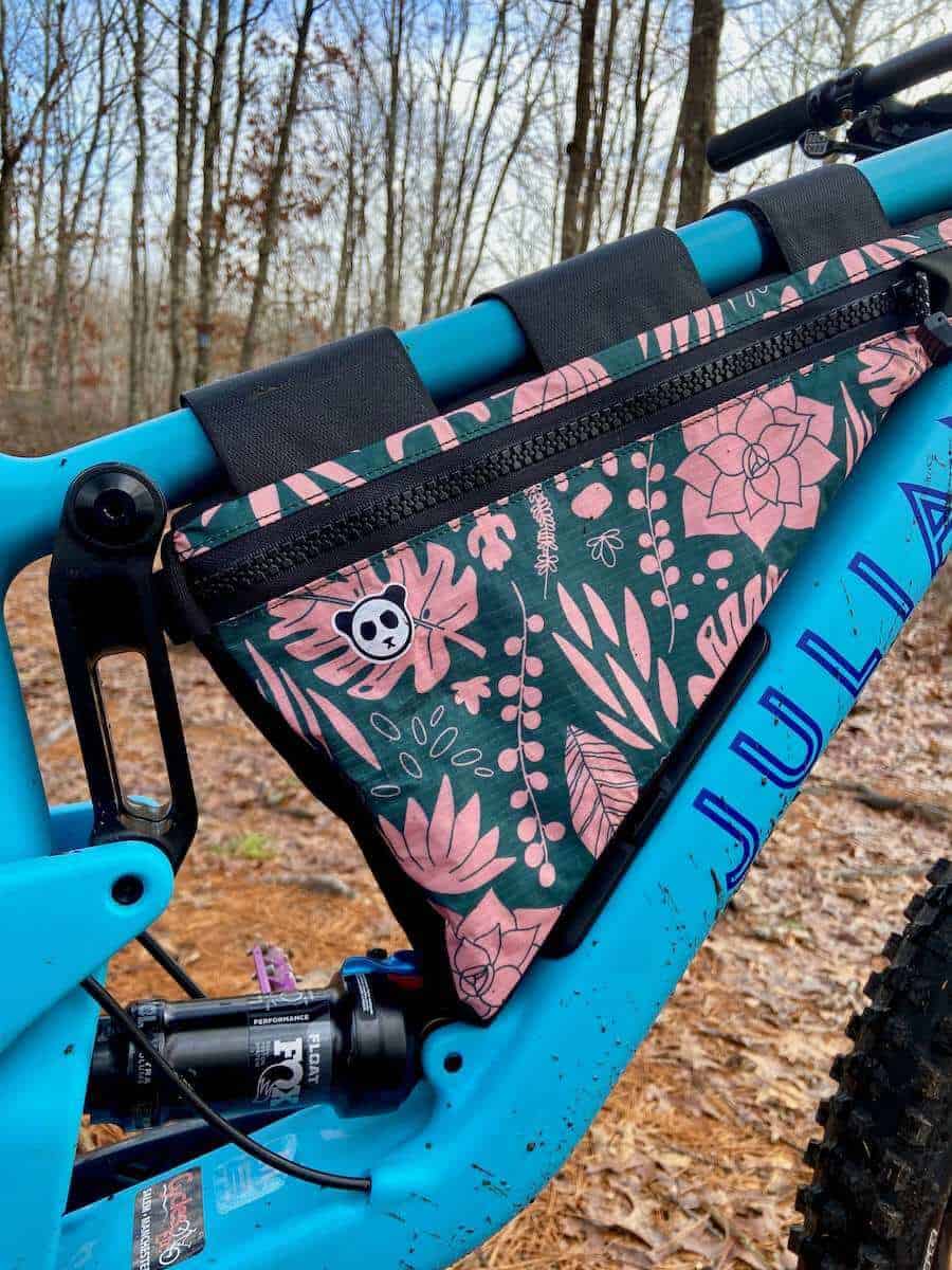 Custom Rogue Panda bikepacking frame bag on Juliana Joplin mountain bike